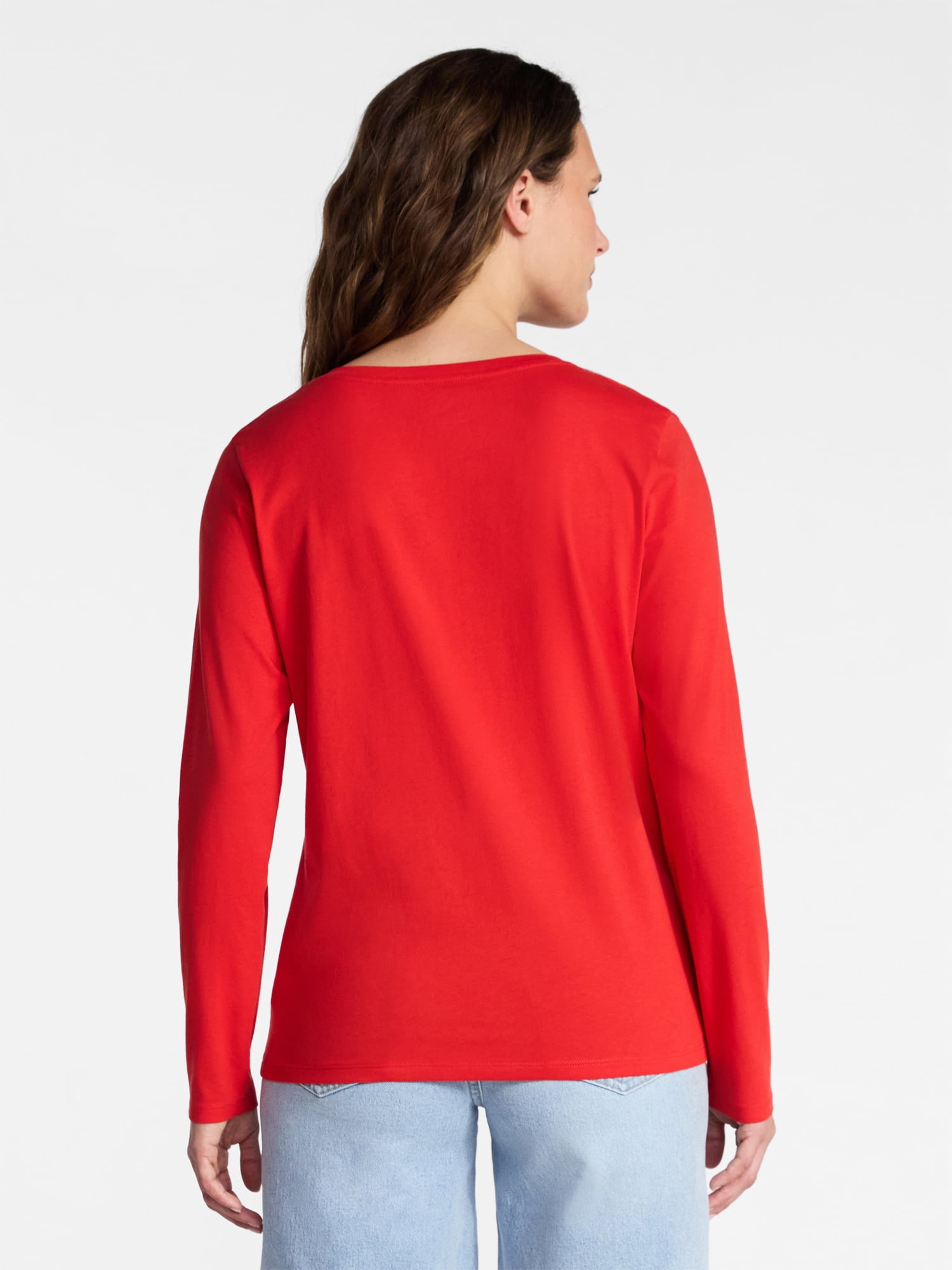 Time and Tru Women's Cotton V-Neck Tee with Long Sleeves, Sizes XS-XXXL