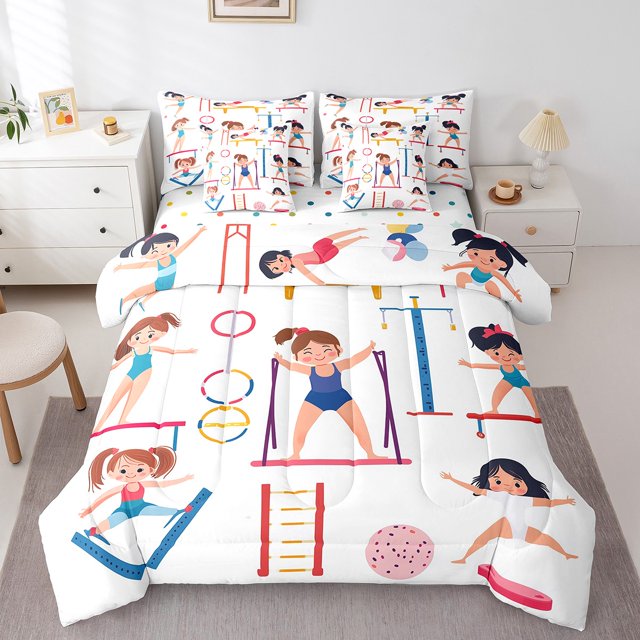 Gymnastics Comforter Cover Girls Sports Gymnast Bedding Set,Gymnastics Lovers 7 Pieces Bed In A Bag Colorful Gradient Geometric Queen Sheet Set With Comforter for Kids Boys Bedroom Decor