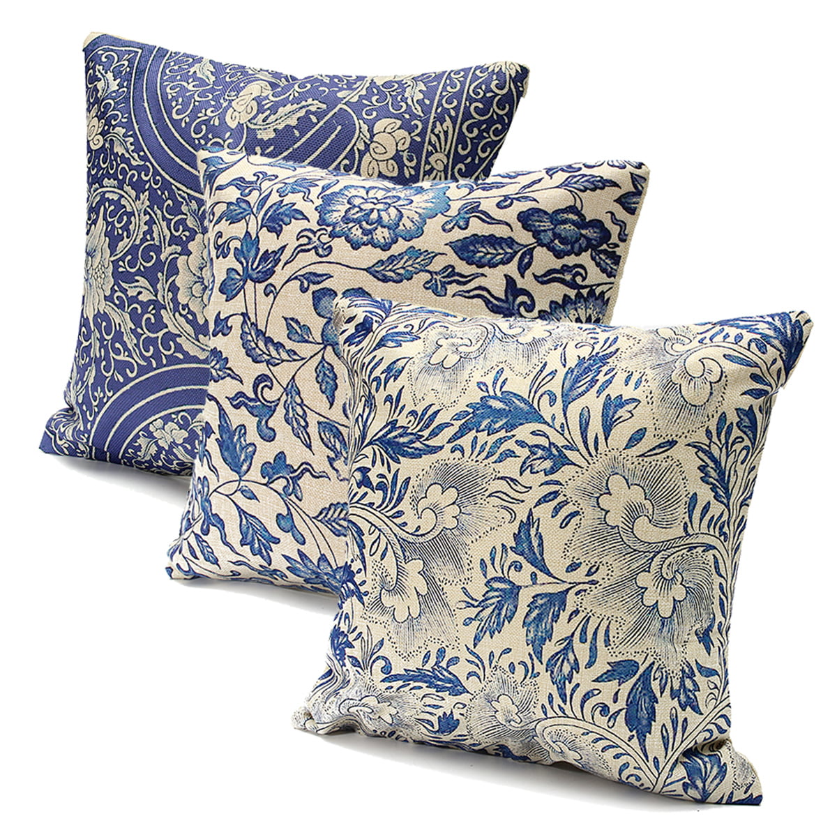 18x18inch Vintage Oriental Blue Floral Linen Decorative Throw Pillow ...