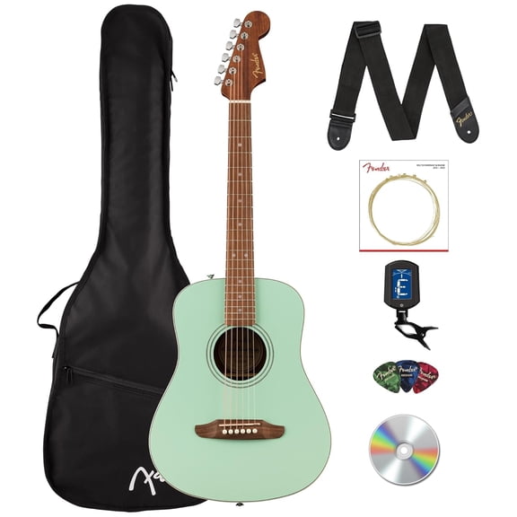 Fender California Standard Redondo Mini Acoustic Guitar - Surf Green Bundle with Gig Bag, Tuner, Strap, Strings, Picks, and Austin Bazaar Instructional DVD