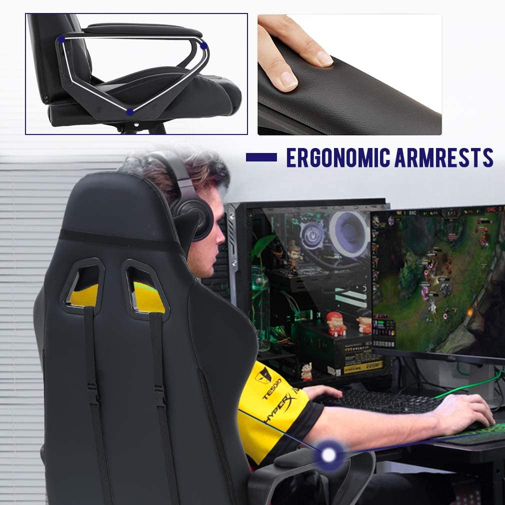BestOffice Racing Gaming Chair w/Adjustable Lumbar Pillow & Reclining Backrest, White