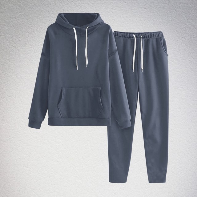 Lydiaunistar Women's Solid Color Drawstring Hooded Sweatshirt & Elastic Waist Sweatpants Set, Side Pocket Long Pants, Comfortable & Casual, Perfect for All Seasons, Polyester Fabric Navy