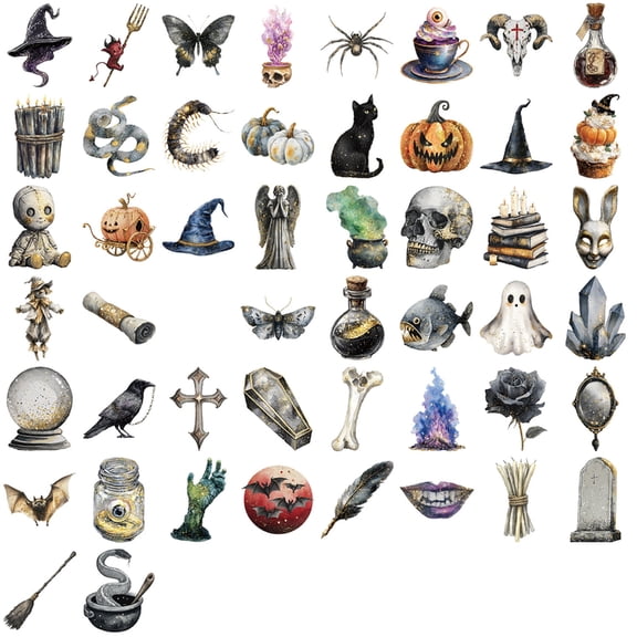 Creative Collectible PET Transparent Stickers Halloween Cartoon Art Waterproof Adhesive For DIY Projects 50 Pack