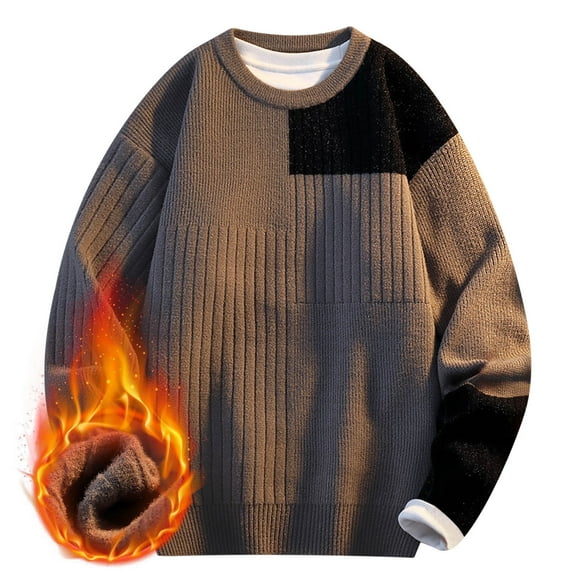 ZCFZJW Mens Fashion Sweater Tops Casual Color Block Long Sleeve Crew Neck Cable Knit Pullover Regular Fit Fall Thermal Outwear Sweatshirts Khaki L