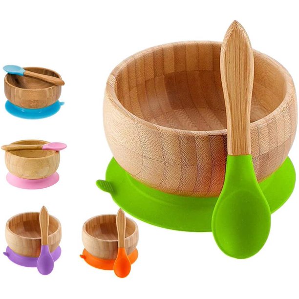 Plato de bambú para bebé con ventosa antideslizante que incluye plato con ventosa para bebé, plato de alimentación con ventosa constante, cuchara para bebé a juego, juego de vajilla para beb JFHHH pequeña