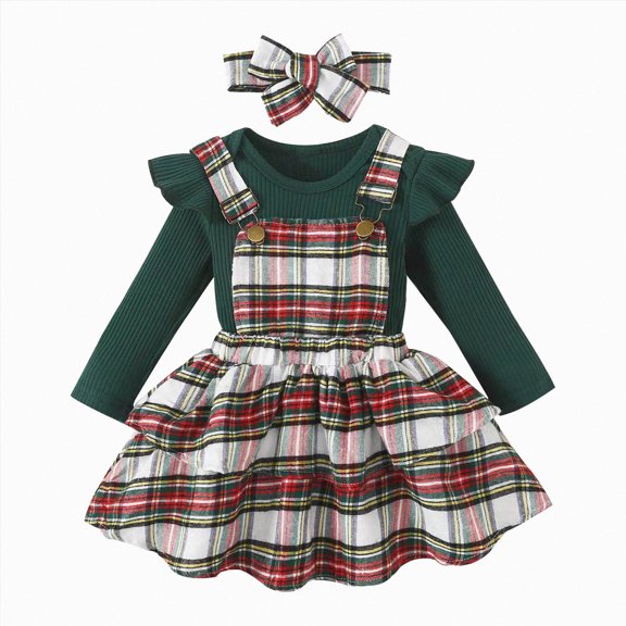 Xudanell Baby Girl Christmas Clothes Plaid Outfits Long Sleeve Romper Overall Skirt Dress Cute Newborn Outfit(Green, 0-3 Months)