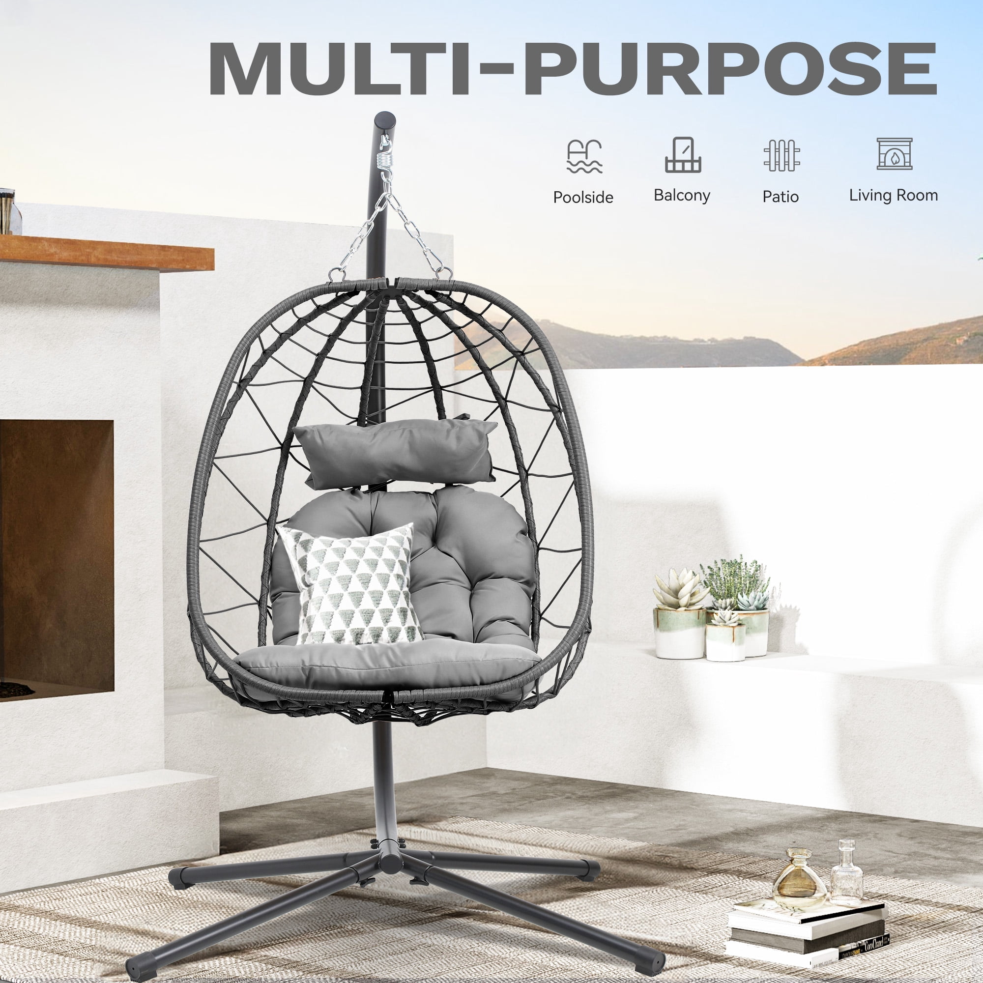Uforic Wicker Egg Swing Chair with Stand & Cushion, 330lbs Capacity, Dark Gray
