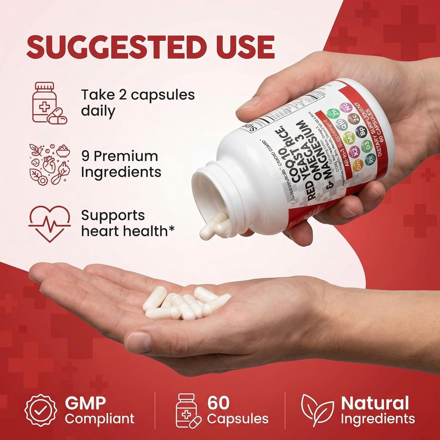 Clean Nutraceuticals COQ10 200mg Red Yeast Rice Omega 3 Magnesium Complex 500mg Niacin Zinc Vitamin K2 D3 - Heart Support Vitamins for Women & Men w/Vitamin B3, Coenzyme Q10-60 Ct