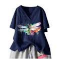 thumbnail image 1 of Pompotops Mode Femmes Imprimé Coton+lin Manches Courtes Col en V Hauts d'Été Blouse T-shirt Liquidation, 1 of 4