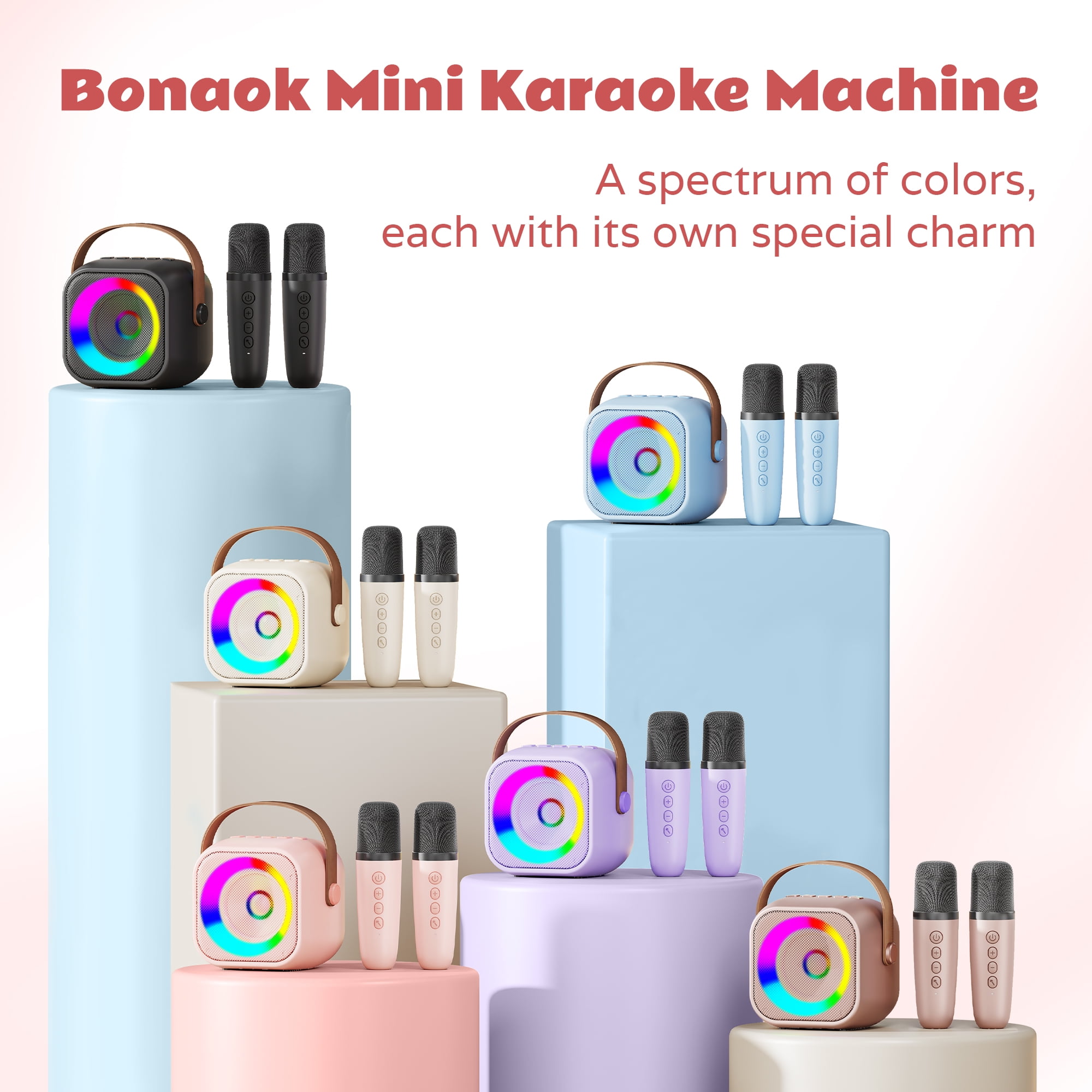 Bonaok Mini Karaoke Machine Toys, Portable Microphones for Kids Adults, Wireless Speaker Machine with LED Lights, Home Party Birthday Gifts for 3-12 Years Old Girls Boys