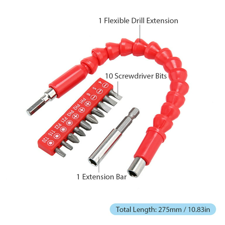 Htovila Flexible Drill Bit Extension 275mm Bendable Soft Shaft with 10pcs Screwdriver Bit Set 1pc Magnetic Drill Extension Bar for Home Furniture