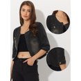 thumbnail image 2 of Allegra K Chaqueta de mezclilla sin cuello para mujer Chaquetas de mezclilla de manga 3/4 Negro M, 2 of 6