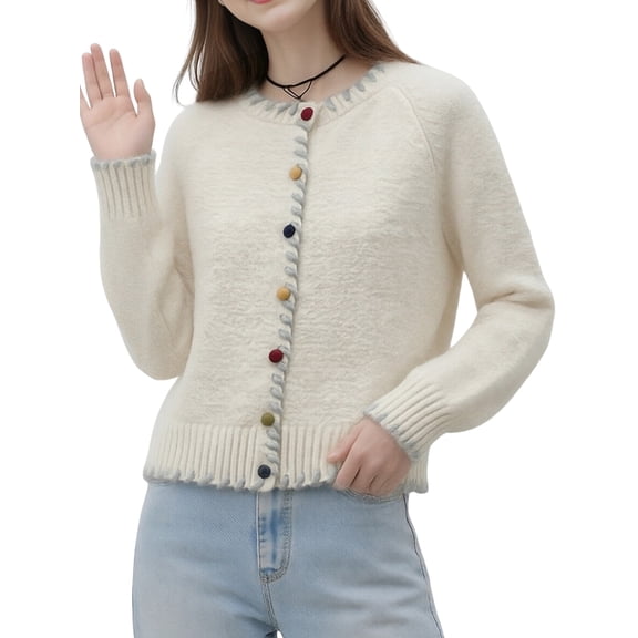 Women Cropped Cardigan Sweaters Crewneck Button Down Cardigan Apricot One size