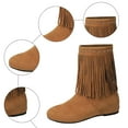 thumbnail image 5 of Hidden Wedges Mid Calf Fringe Boots for Women Boho Winter Fall Studded Suede Round Toe Dress Cowgirl Booties Khaki Size 6.5, 5 of 7