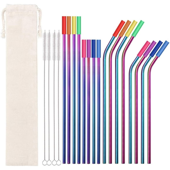 Metal Straws Stainless Steel Straws 16 Pcs 10.5" 8.5" Reusable Drinking Straws Rainbow IGUOHAO Colored Straws for 20 24 30 OZ Yeti Rtic Tumblers with 16 Silicone Tips 4 Cleaning Brush 1 Case - -
