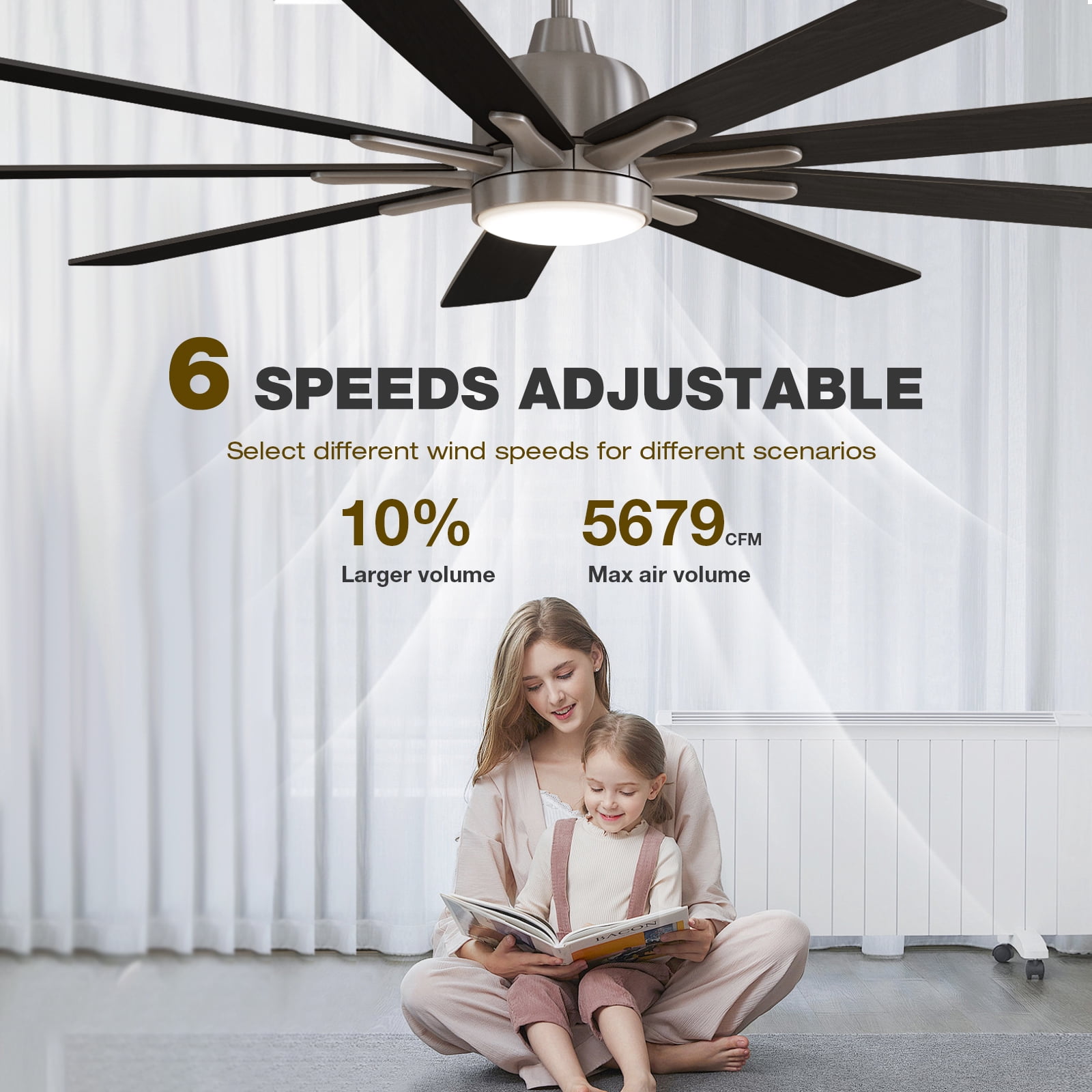 Warmiplanet 62" 9-Blade Satin Nickel Modern Ceiling Fan with LED Light Kit, Powerful DC Motor, High Airflow, 6-Speed, Reversible & Timer