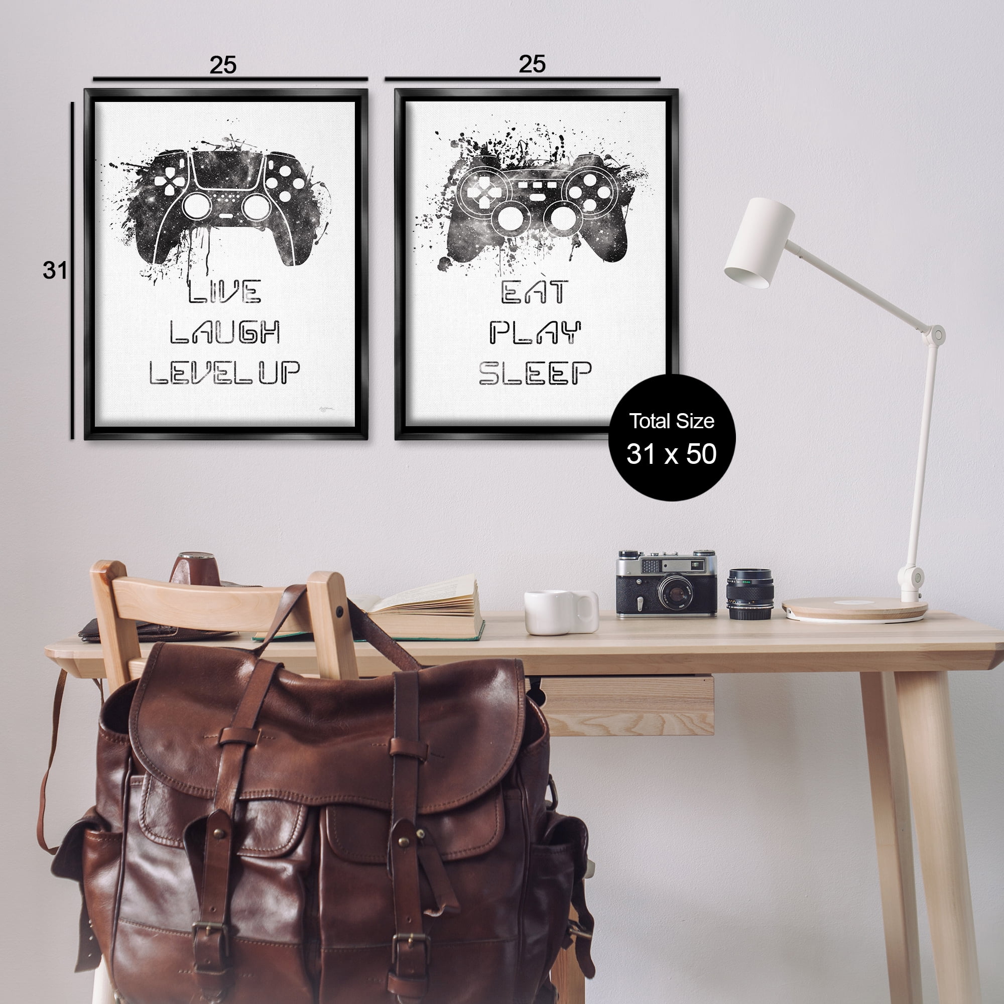 Stupell Industries Gamer Play Splash Controllers Text & Numbers Painting Black Floater Framed Canvas Art Print Wall Art, 31 x 25, Set of 2