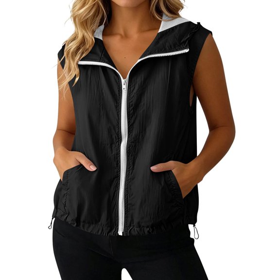 Women's Sleeveless Zip up Hoodies Casual Loose Fit Drawstring Sweatshirts Lightweight Jackets Vest with Pockets Sports Running T-Shirts Workout Tops L