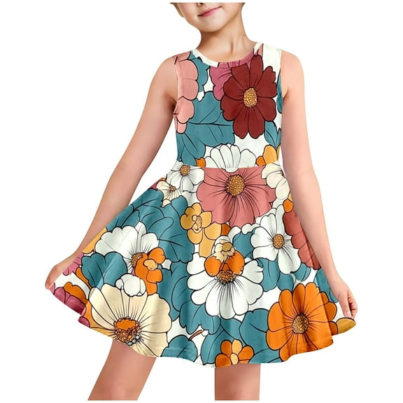 AUNVITO Girls Allover Print Round Neck Sleeveless Dress with Pockets Casual Summer Fashion