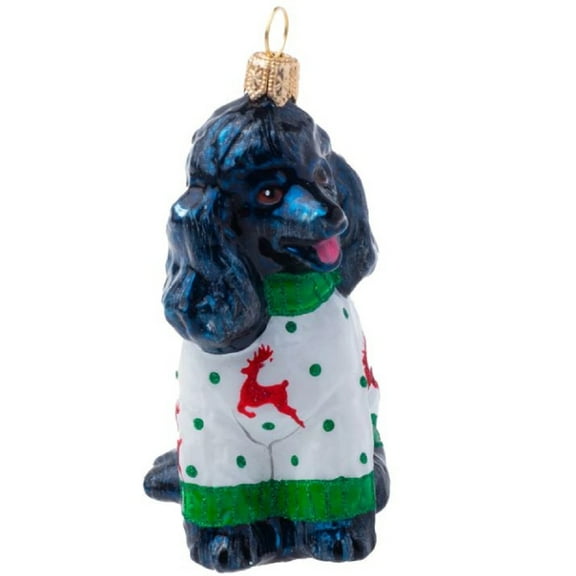 Joy To The World Poodle Black in Christmas Pajamas Polish Glass Ornament
