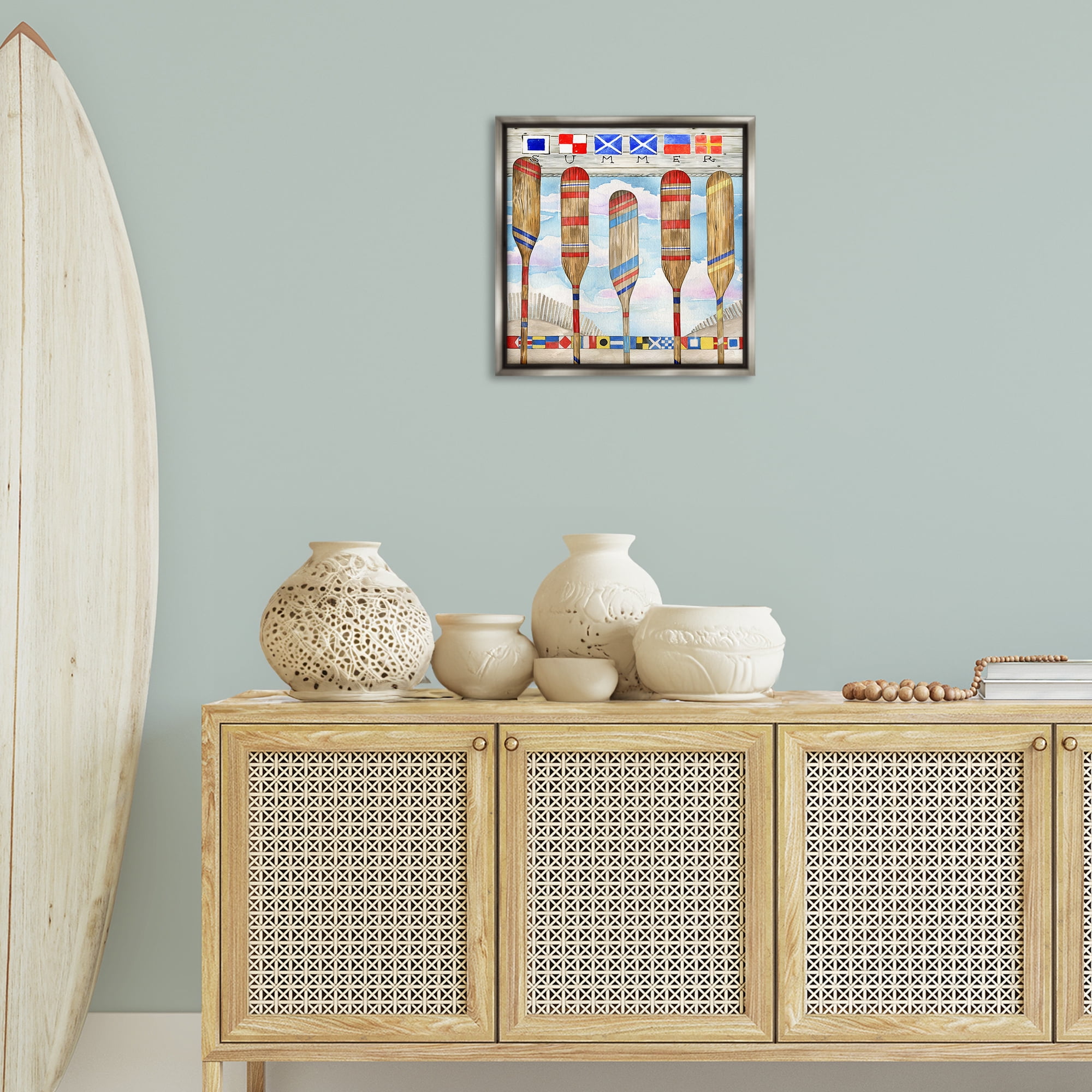 Stupell Industries Maritime Summer Paddles Nautical & Beach Painting Gray Floater Framed Canvas Art Print Wall Art, 18 x 18