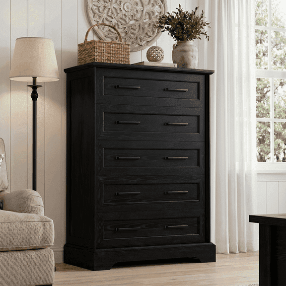 Homall Farmhouse 5 Drawer Tall Chest of Drawers White Bedroom Storage Dresser with Anti-Tip Wall Anchor