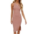 thumbnail image 4 of QAFOPEH Women Crewneck Sleeveless Slit Hem Ribbed Knit Solid Color Midi Dress, 4 of 7