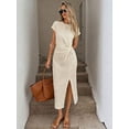 thumbnail image 5 of Beige Textured Waist Twist Short Sleeve Midi Dress With High Slit For Women, 5 of 6