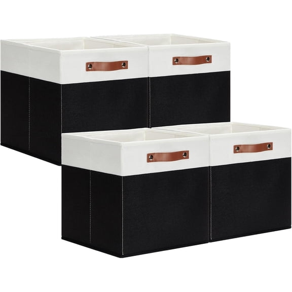Storage Cubes 13 inch,Cube Storage Bins with Handles for Organizing,Fabric Storage Baskets for Shelves Nursery Closet Home Organization (White&Black-4 Pack)