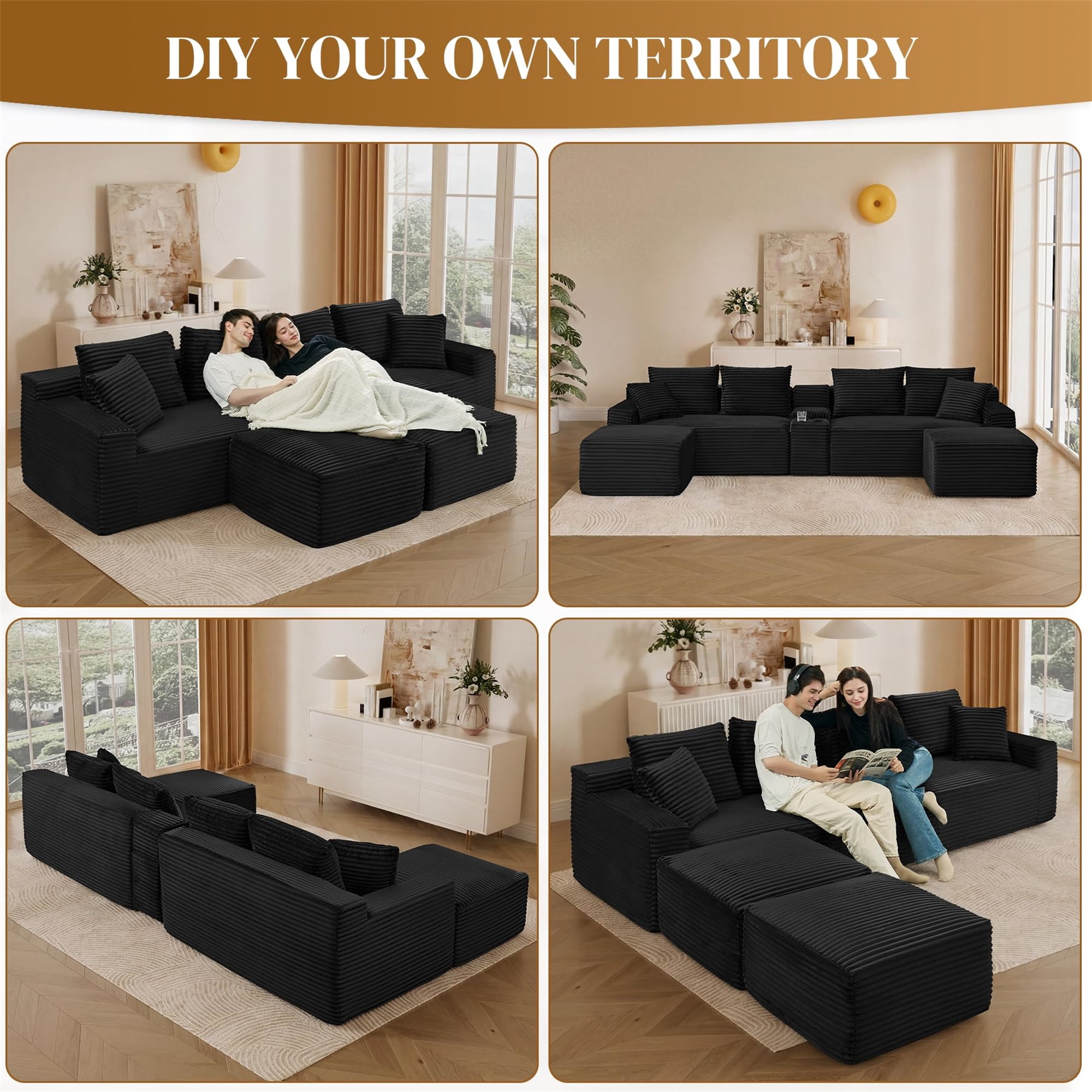 Aukfa 127" U-Shaped Cloud Sectional Sofa Oversized Modular Boneless Couch with USB & Cup Holder Storage Console for Living Room, Corduroy, Black