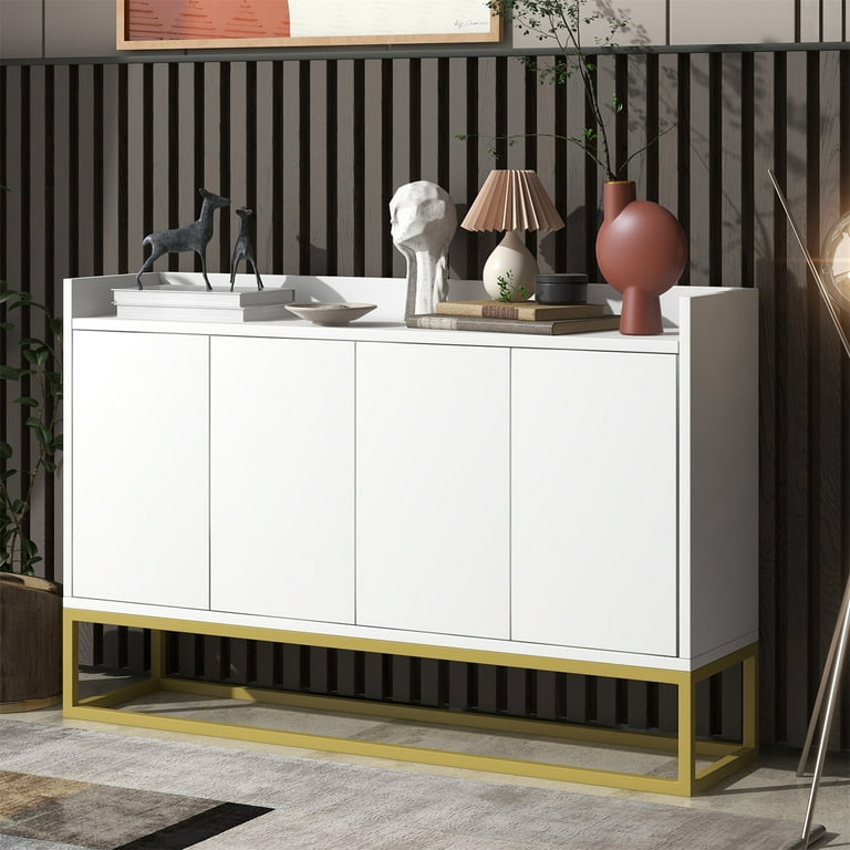 47 Inch Sideboard Console Table Buffet Cabinet with Gold Metal Legs Adjustable Shelf Door rebound device Wooden Storage Cabinet for Entryway