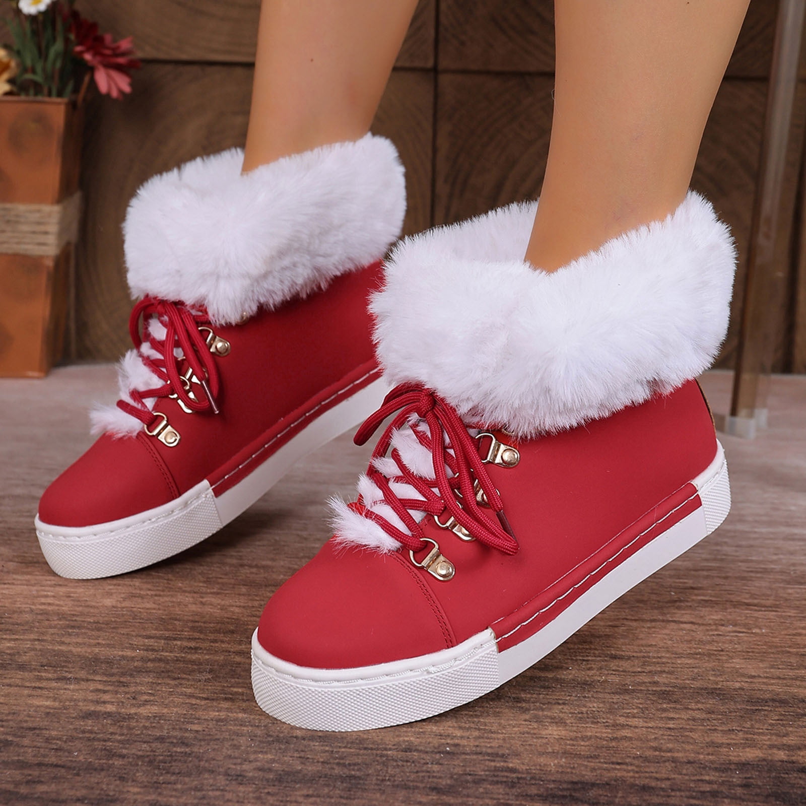 Dasayo Booties for Women Red Hiking Furry Ankle Flat Heel Faux Leather Lace up Winter Shoes Ladies Shoes 40
