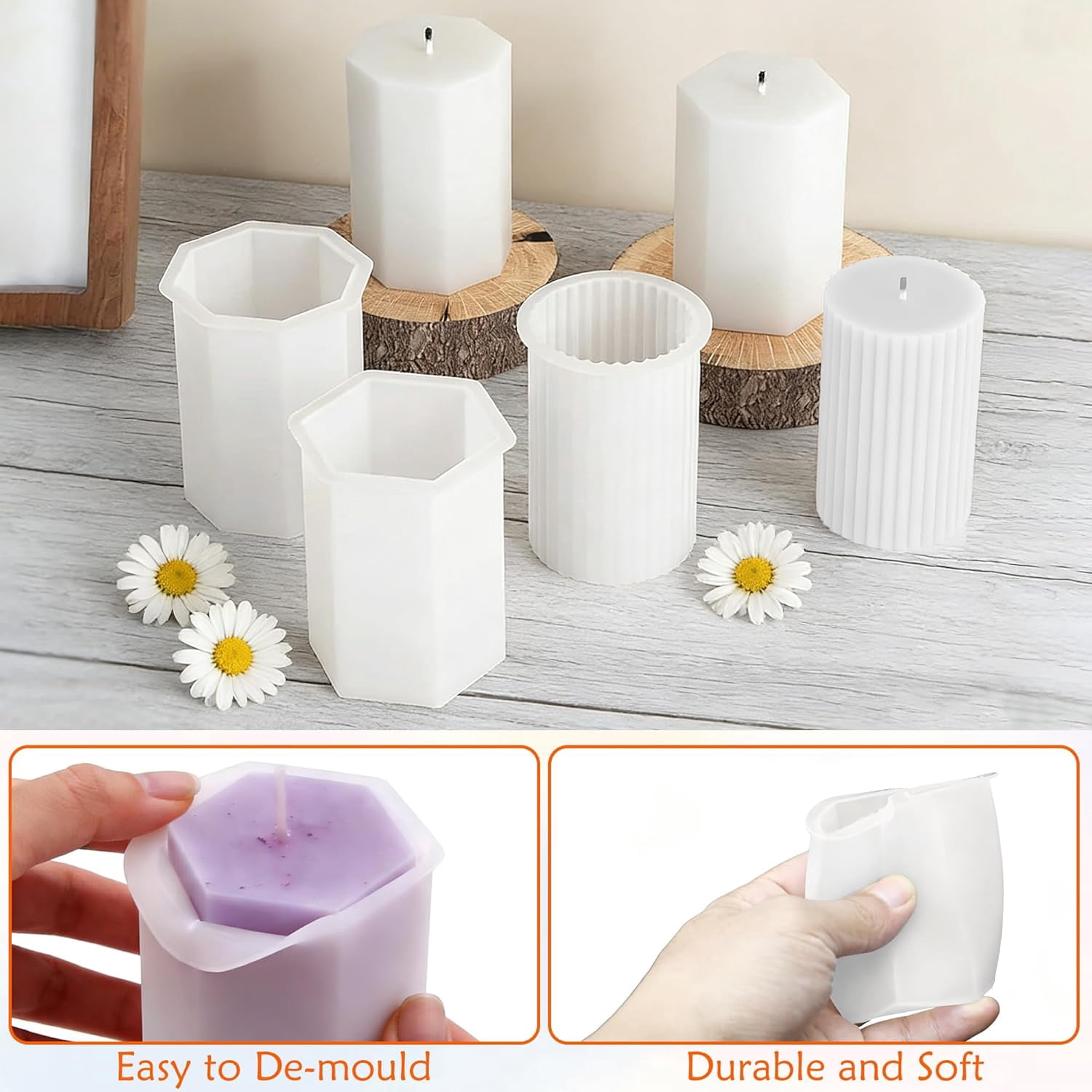 Silicone Candle Molds, Multiple Shape 3D Cylinder Hexagon Heart Flower Cylinder Molds for Candle Making, Reusable Easy Release Silicone Molds for DIY Handmade Aromatherapy Candles, Soap, Resin Crafts