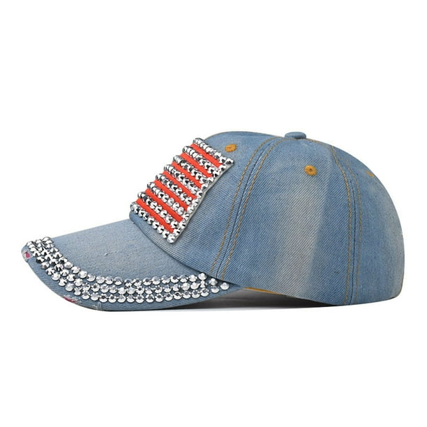 Denim American Flag Baseball Cap Sparkle Rhinestones Bling Rhinestone American Flag Denim Hat | TheFlagShirt.com main image 3