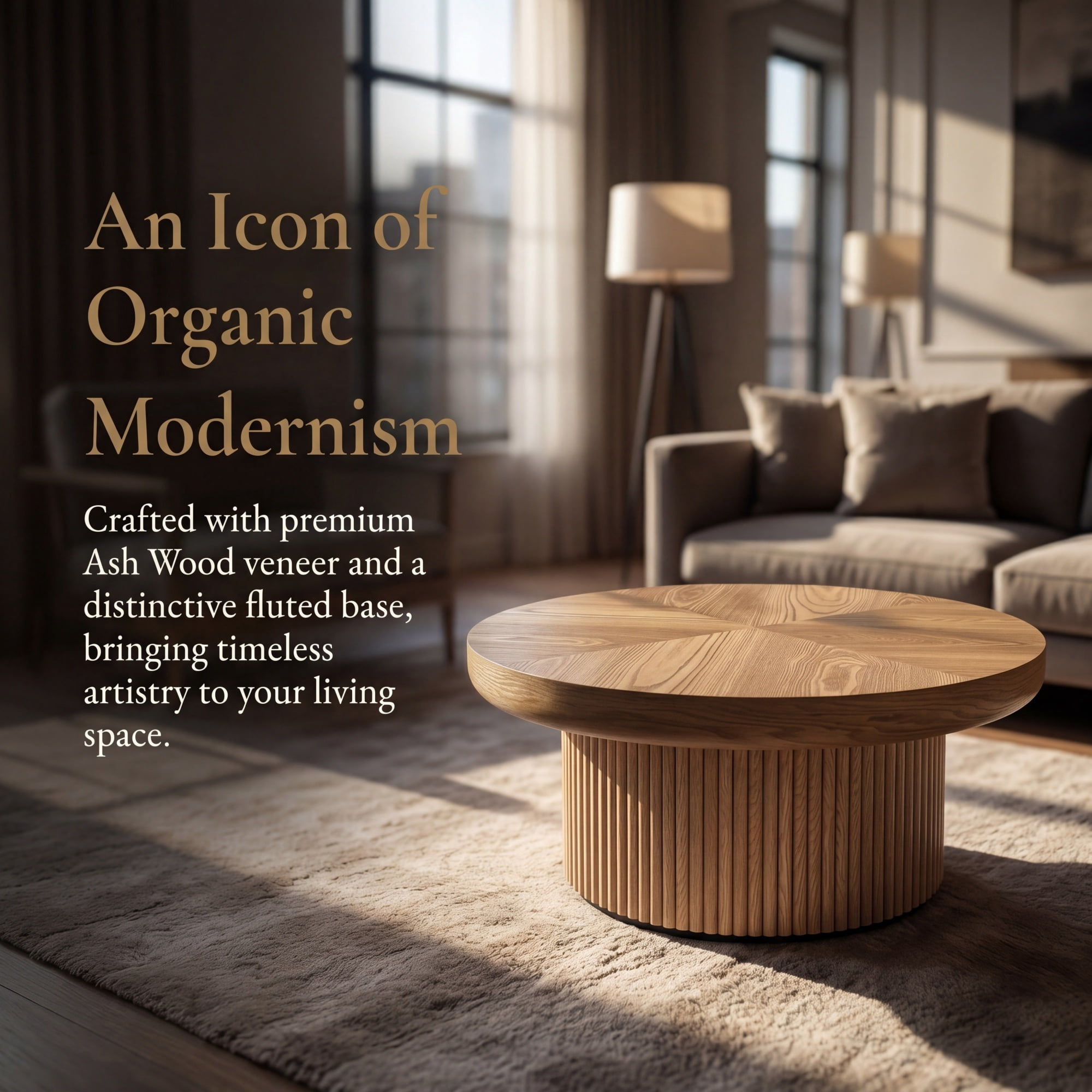 33.46'' Round Coffee Table with Fluted Cylindrical Base, Ash Wood End Table with Thickened Tabletop, Modern Cocktail Table