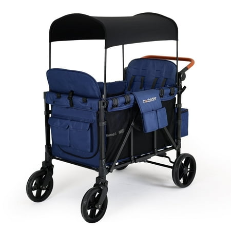 Cochildor Collapsible Wagon Stroller for 4 Kids, with Canopy, 5-Point Harness, Adjustable Handlebars, Removable Seat for Toddlers, Blue