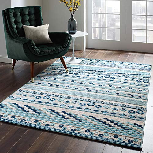 Modway Reflect Cadhla Vintage Abstract Geometric Lattice 5x8 Indoor and Outdoor Area Rug, Ivory and Blue