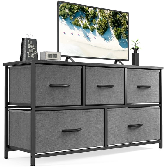 Aukfa 5 Drawer Dresser,Wide Chest of Drawers for Bedroom with Metal Frame for TV,Black