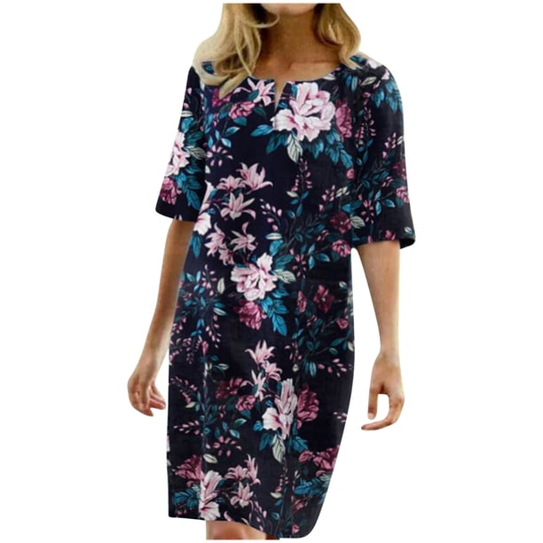 Vestidos estampados florales de media manga con cuello redondo casual para mujer Fridja bnh40