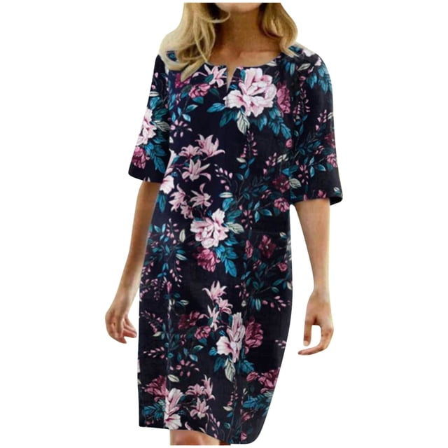 Pompotops Femmes Casual Col Rond Demi-Manches Imprimé Floral Robes
