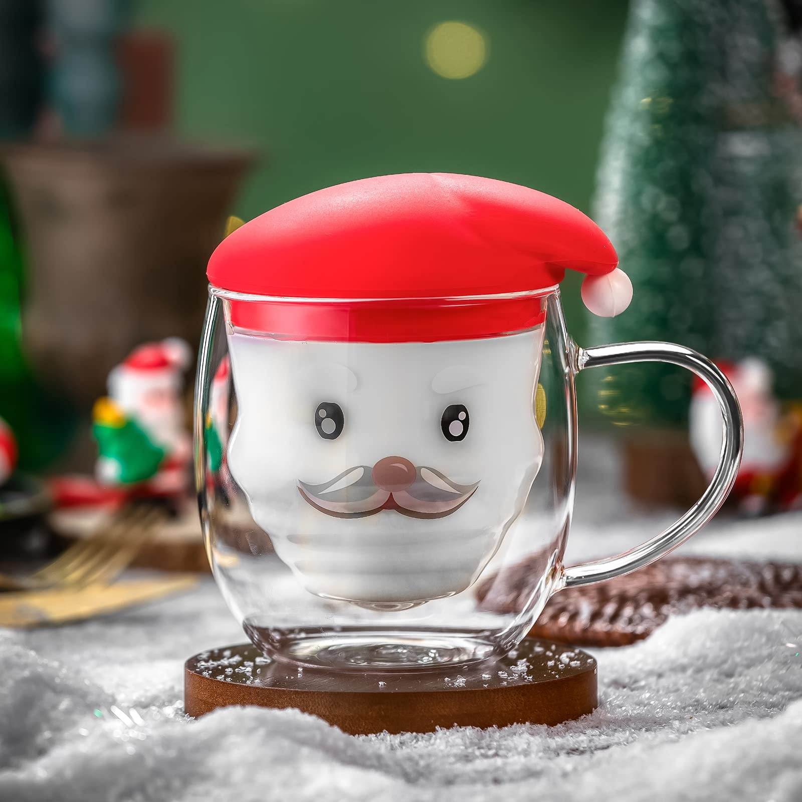 Christmas cup,Double Wall insulated Coffee mugs, 10 Ounces-Clear Glass with  Handle, glass cup with snowman cup cover(Blue Snowman)