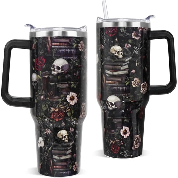 Skull Rose Bookworm 40 oz Tumbler with Handle and Straw, Retro Gothic Design, Insulated Stainless Steel Travel Cup