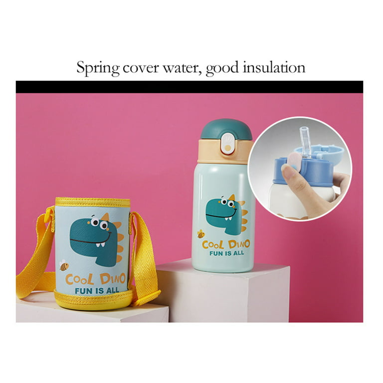 Baby Vacuum Flask with Cup Holder Silicone Straw Water Bottle Bounce Lid  304 Stainless Steel Cartoon Pattern