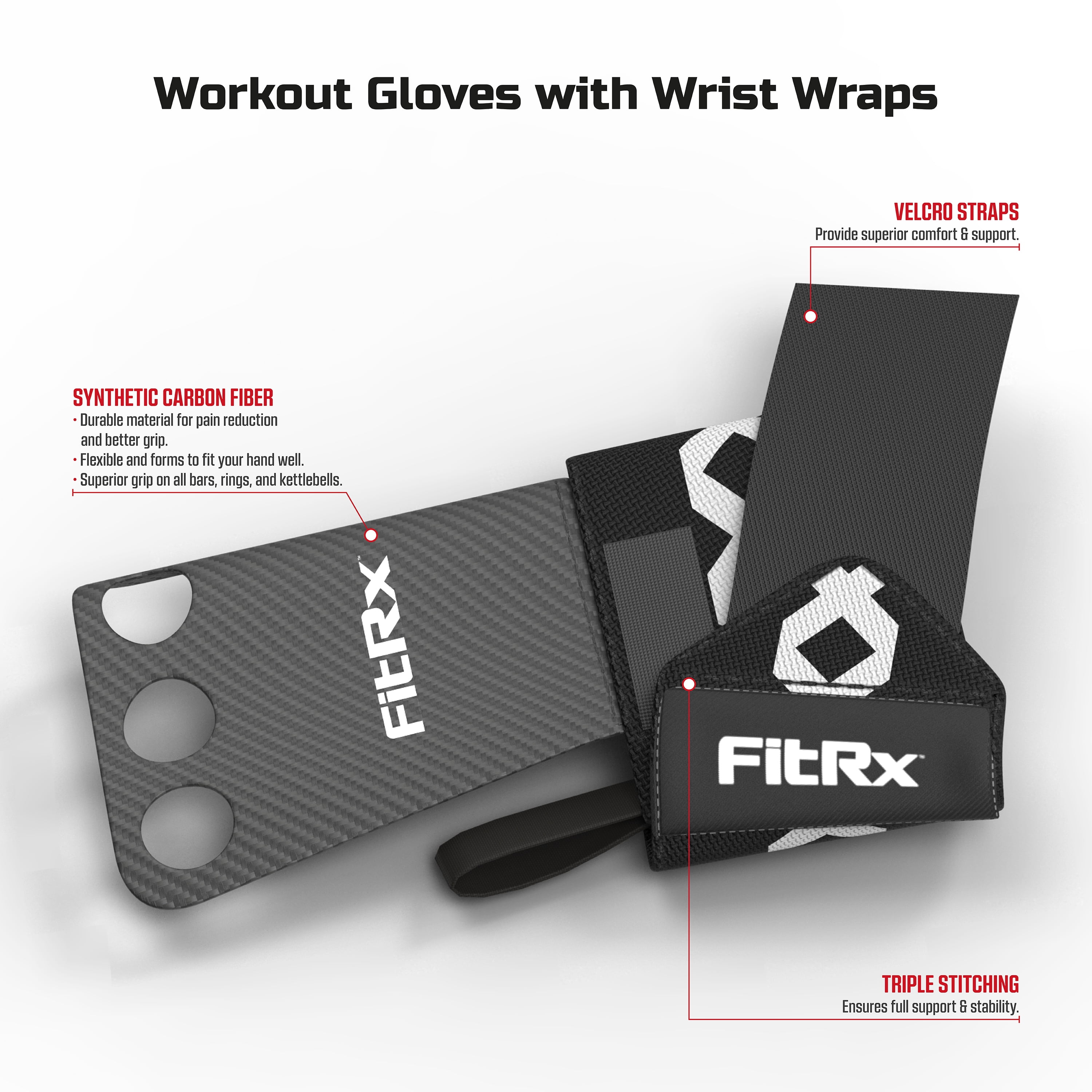 FitRx Grip Wraps, 12” Nylon Workout Gloves with Weightlifting Wrist Wraps, Gym Gloves, One Pair