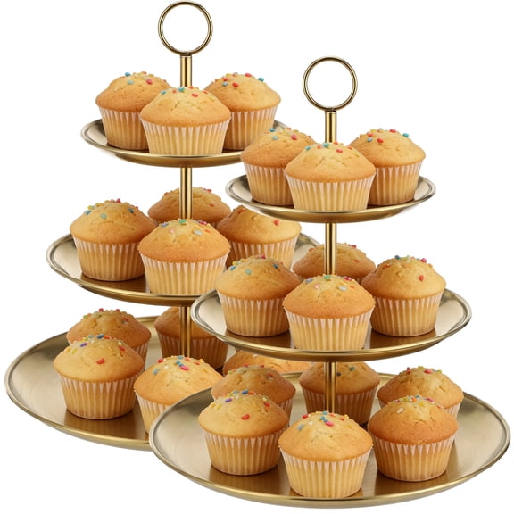 2PCS 3-Tier Cupcake Stand, Large Stainless Steel Tiered Serving Tray, 6.69"/9.06"/11.8" Dessert Stand, Gold Cake Stand, Easy Assemble Fruit Plate for Party,Home Use
