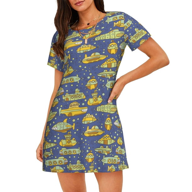 Fotbe Cartoon Submarines Bata de Dormir para Mujer con Estampado, Camisón de Algodón de Manga Corta, Ropa de Dormir Casual