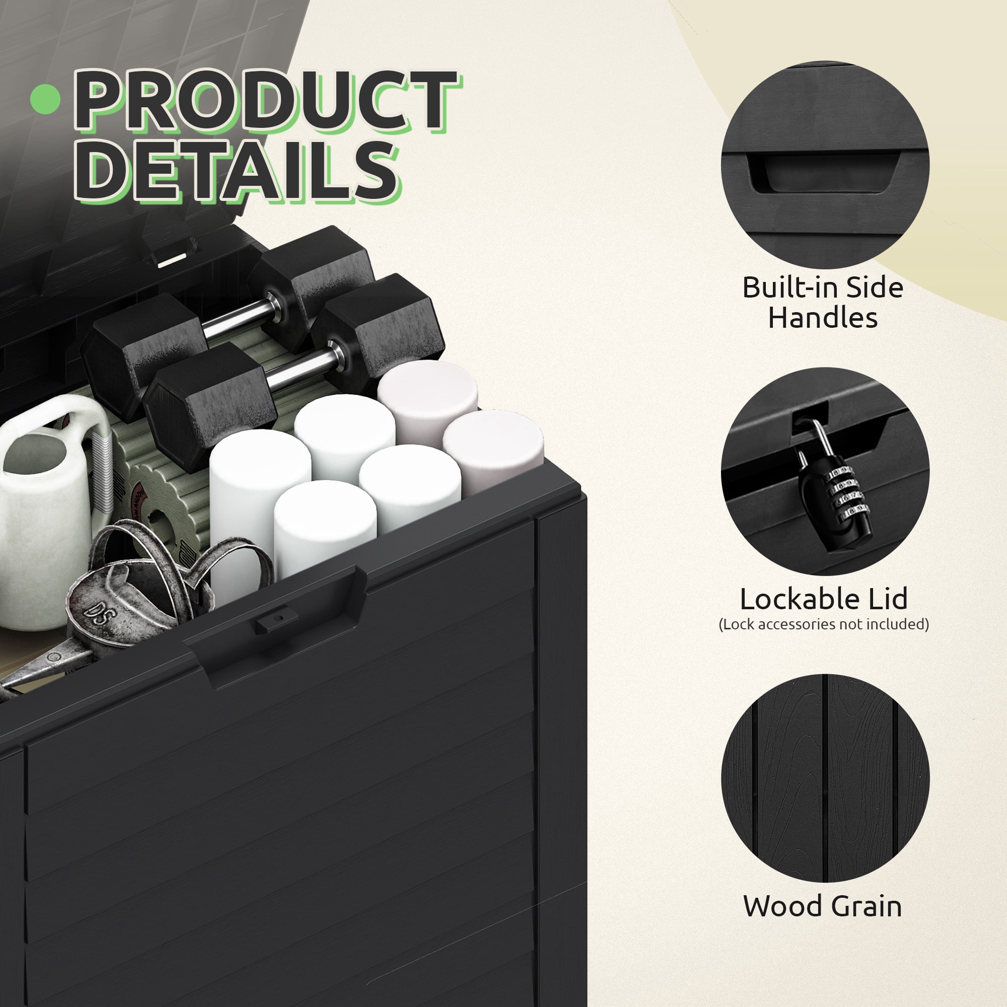 Dextrus 35 Gallon Waterproof Resin Deck Box, Black Lockable Outdoor Storage & Package Delivery Bin, Compact Patio Organizer for Cushions, Garden Tools and Pool Accessories