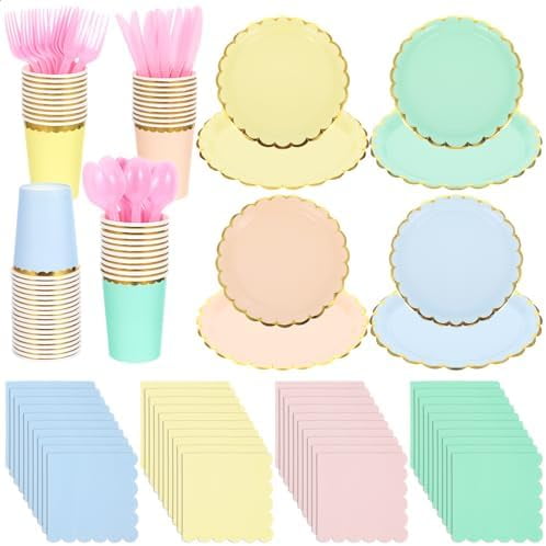 240 Pieces Pastel Party Supplies Disposable Dinnerware Set Include Plates and Cups Napkins Plastic Forks Knives Spoons Tablecloth for Wedding Birthday Party Decorations
