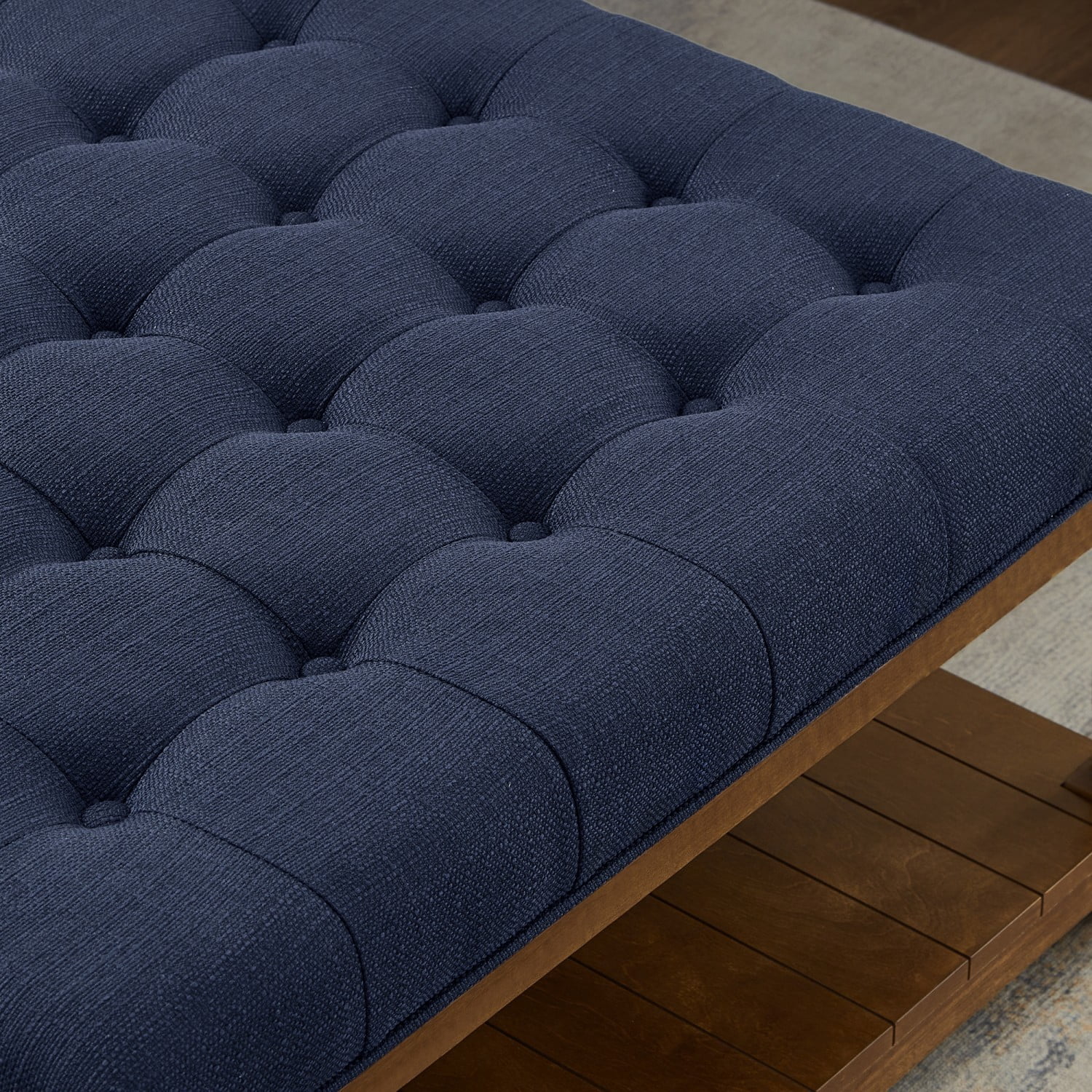 Large Square Tufted Linen Ottoman Coffee Table, Upholstered Footrest with Solid Wood Storage Shelf, Navy Blue Living Room Center Table