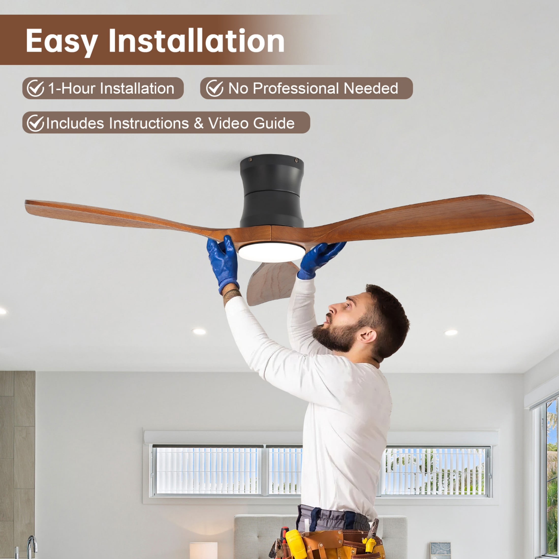 Sofucor 48-Inch Flush Mount Ceiling Fan with LED Light and Remote Control, Dimmable, ETL Certified